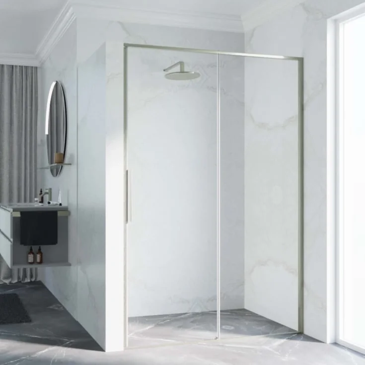Novellini Riga 2P skyvedør venstre, 99-102 cm, klart glass, børstet stål profil | RIG2P99S-1Z