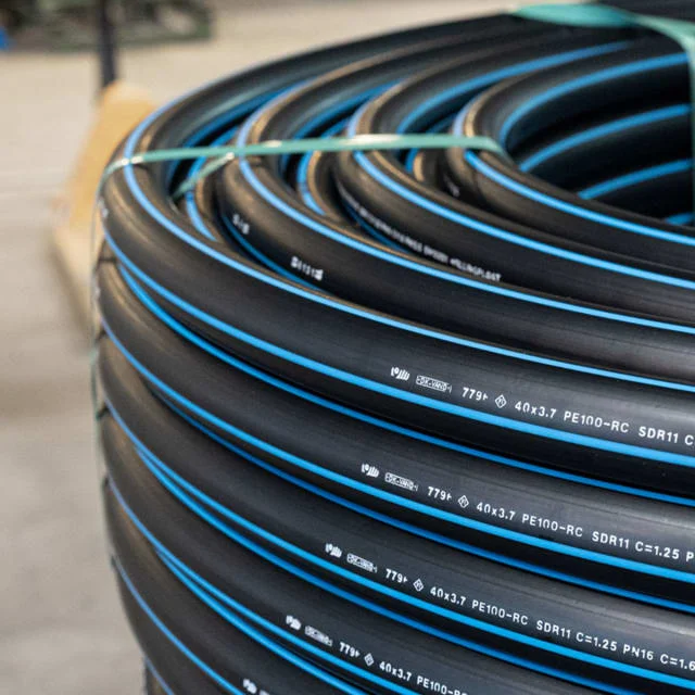 Hallingplast trykkrør PE100RC blå stripe, 25 mm, SDR11, kveil á 300 m | 2392709